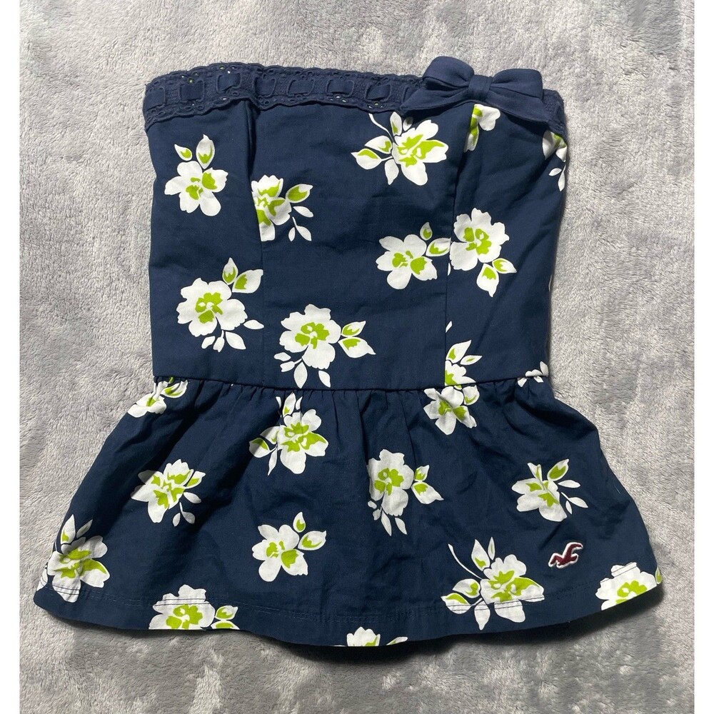 Y2K Hollister Strapless Tube Top Size XS Elastic back Navy Blue Bow Floral - NWT